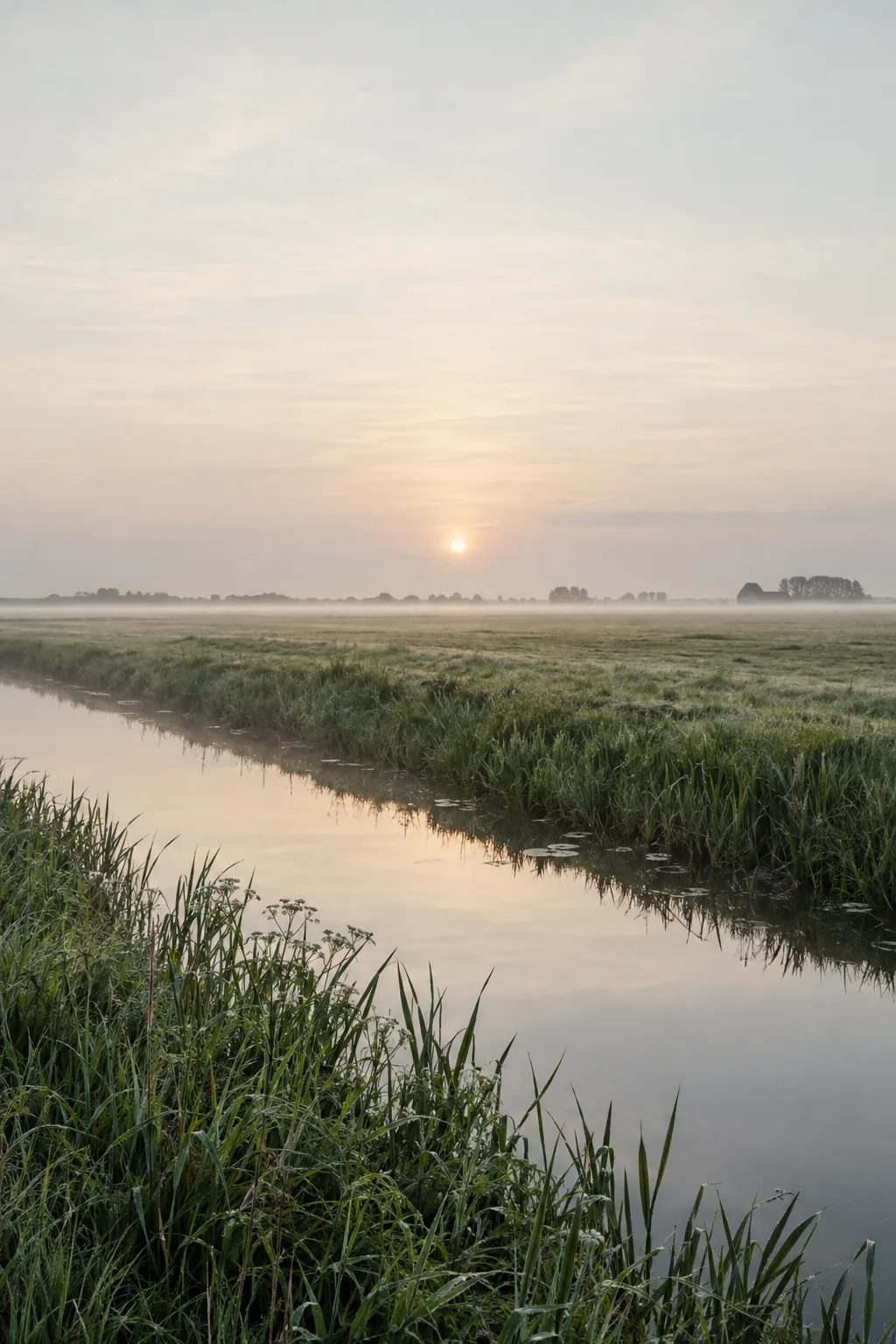 A Dutch polder at dawn, the horizon in the middle