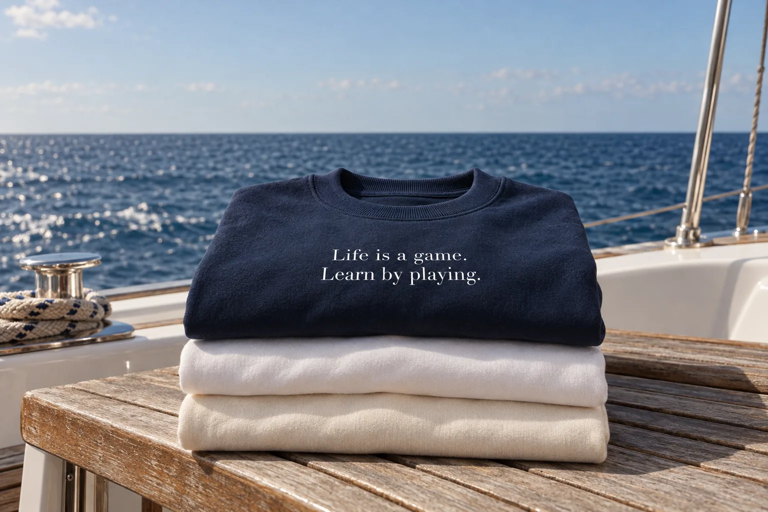 Three folded crewnecks on a teak bench by the sea