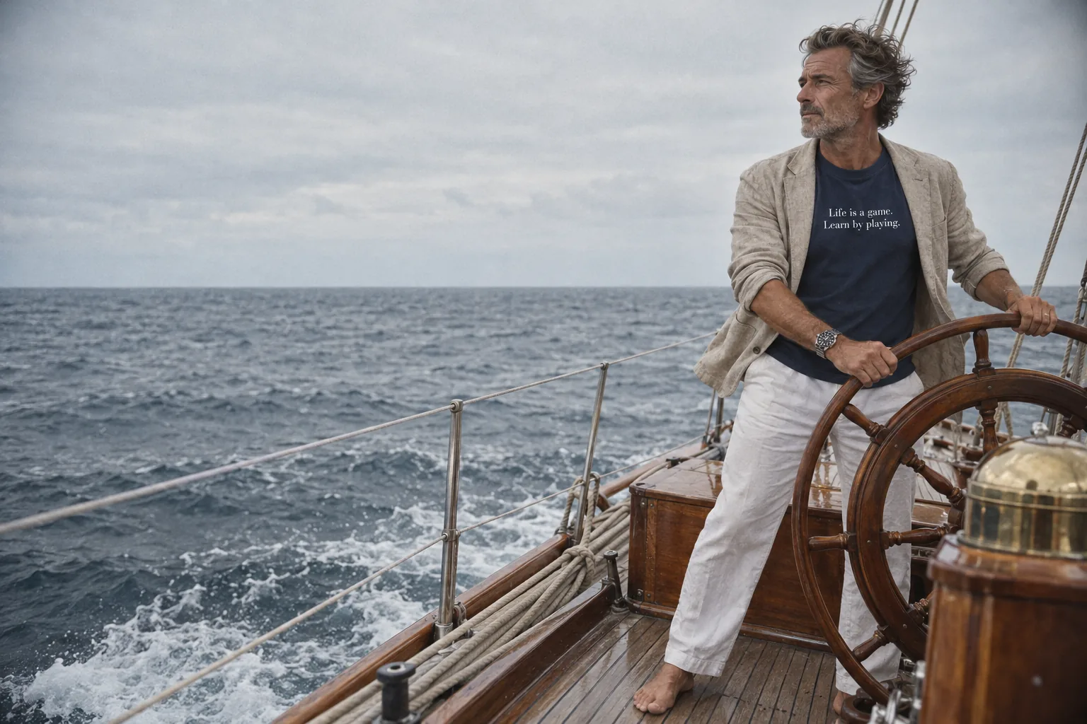 At the wheel of a classic wooden sailing yacht